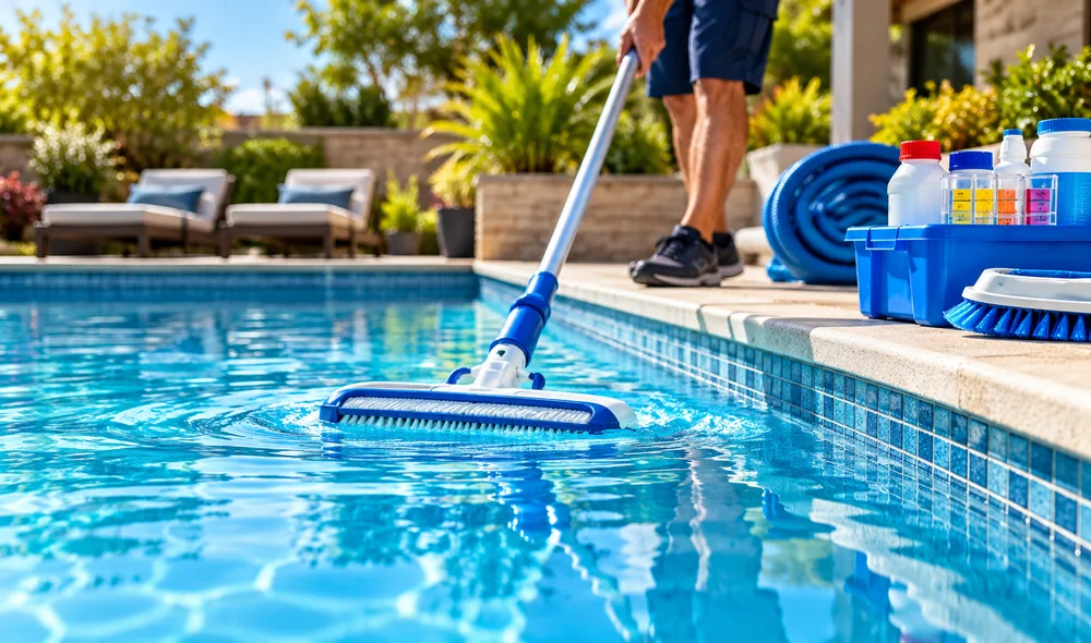 Pool technician vacuuming a residential swimming pool as part of weekly maintenance