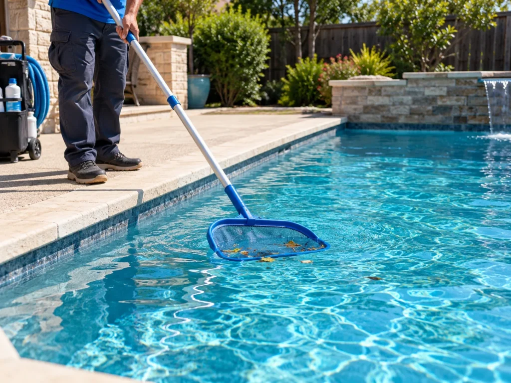Illustrative pool care technician removing floating debris with a skimmer net