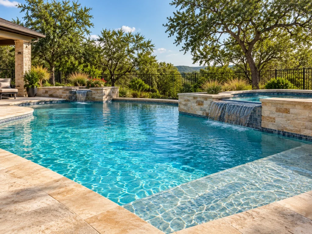 Illustrative residential swimming pool with stone waterfall features