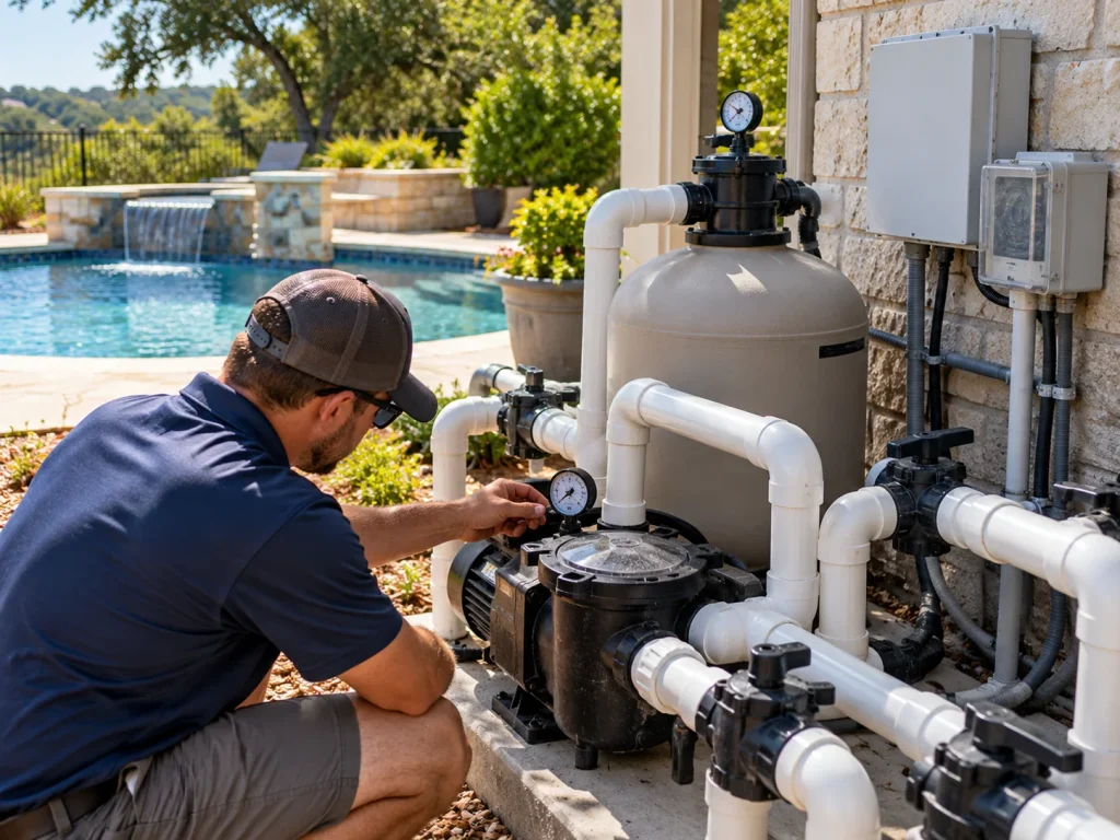 Illustrative pool service technician inspecting pool filtration and circulation equipment