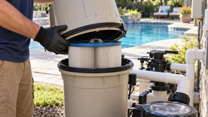 Illustrative technician servicing a cartridge pool filter beside a residential pool