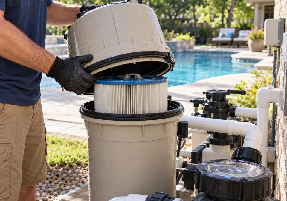 Illustrative technician servicing a cartridge pool filter beside a residential pool
