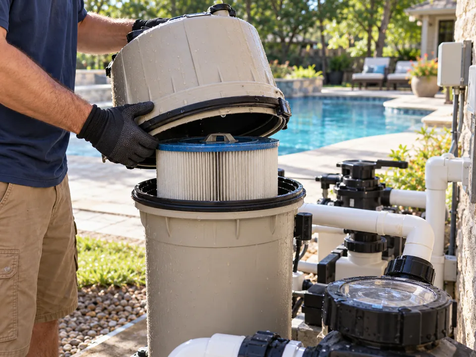 Illustrative technician servicing a cartridge pool filter beside a residential pool