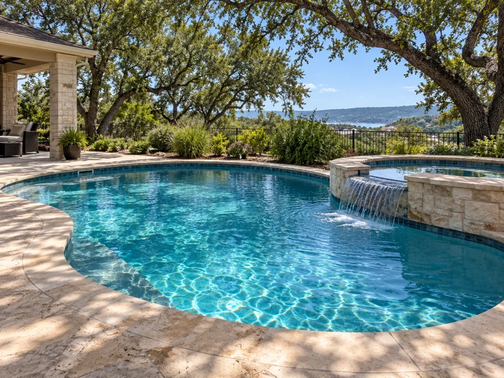 Illustrative residential swimming pool surrounded by mature oak trees and stone decking