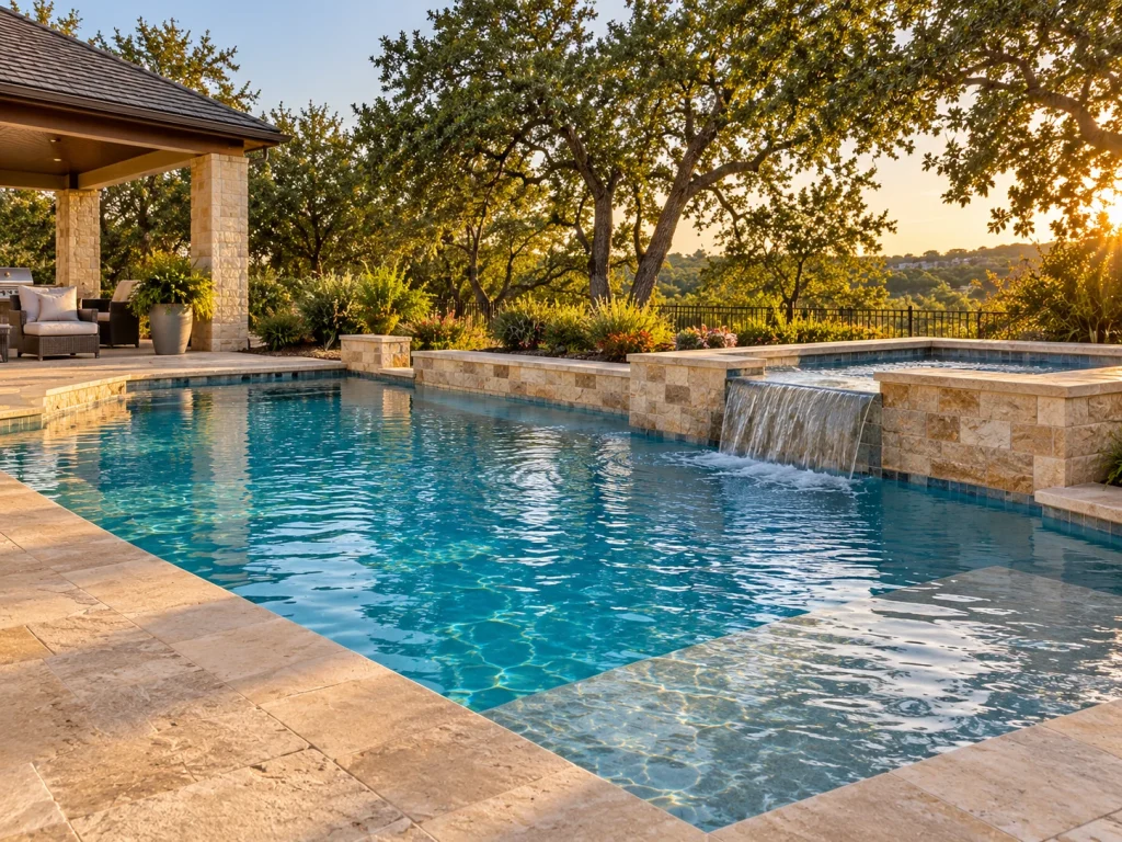 Illustrative residential swimming pool with trees and stone coping in warm late-afternoon light