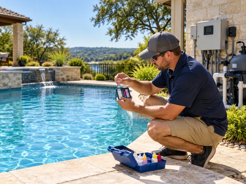 Illustrative pool care technician checking swimming pool water chemistry using a test kit