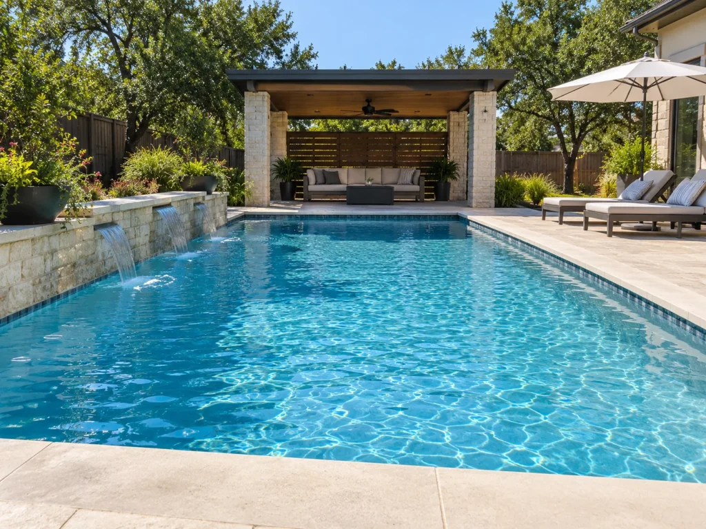Illustrative clear backyard swimming pool with covered seating and garden landscaping