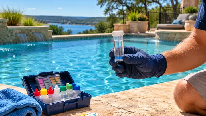 Illustration of a pool water testing kit beside a residential swimming pool