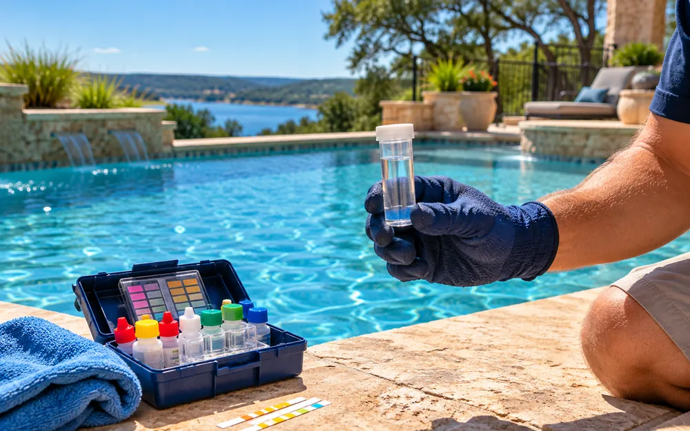 Illustration of a pool water testing kit beside a residential swimming pool